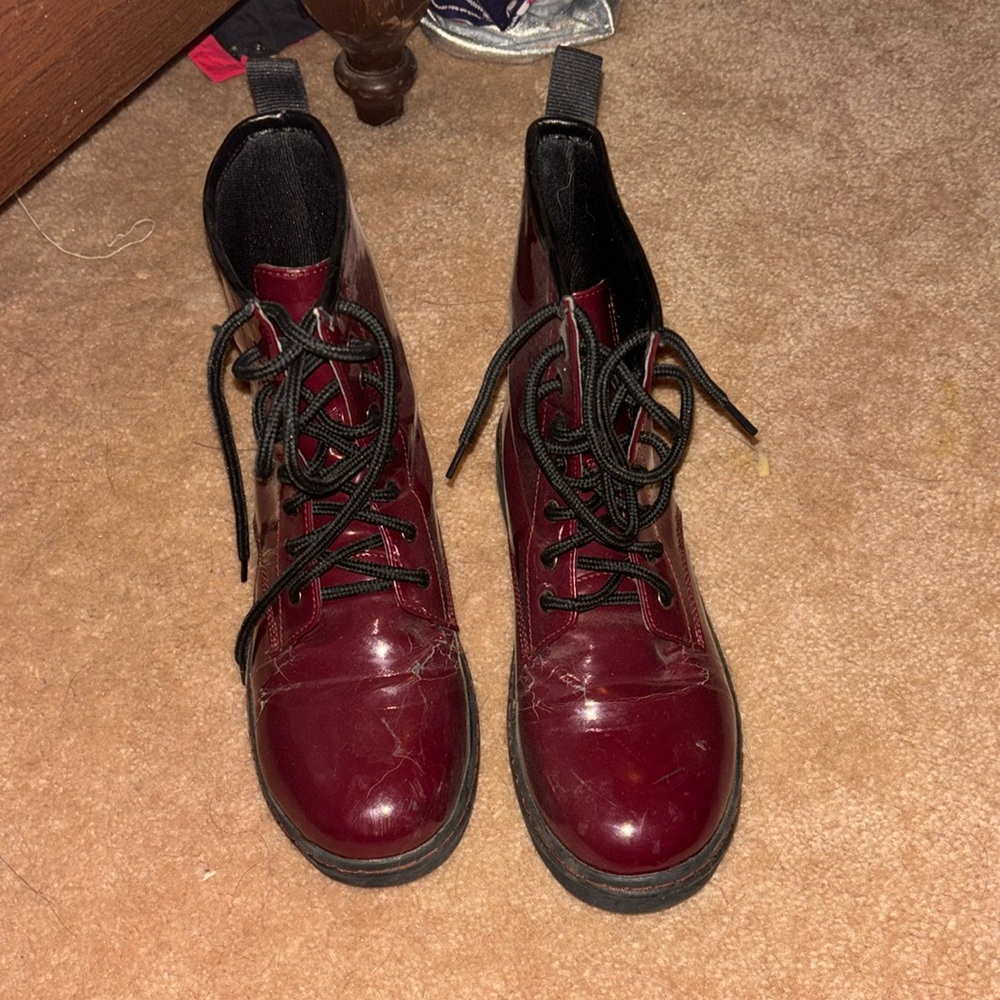 Faux leather maroon lace up combat boots